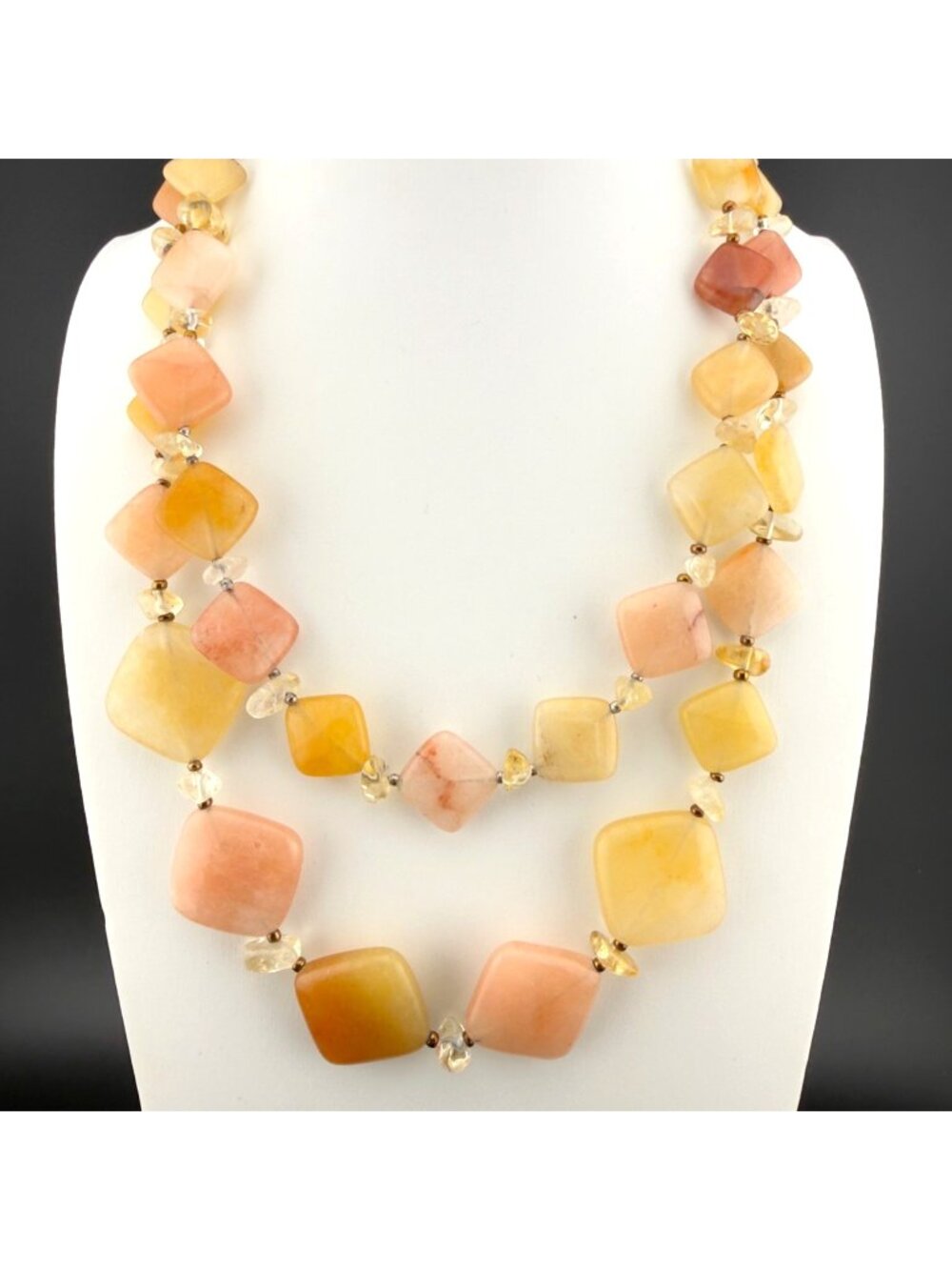 Natural Stone Beaded Necklace Double Strand Yellow Peach Sterling Silver Clasp